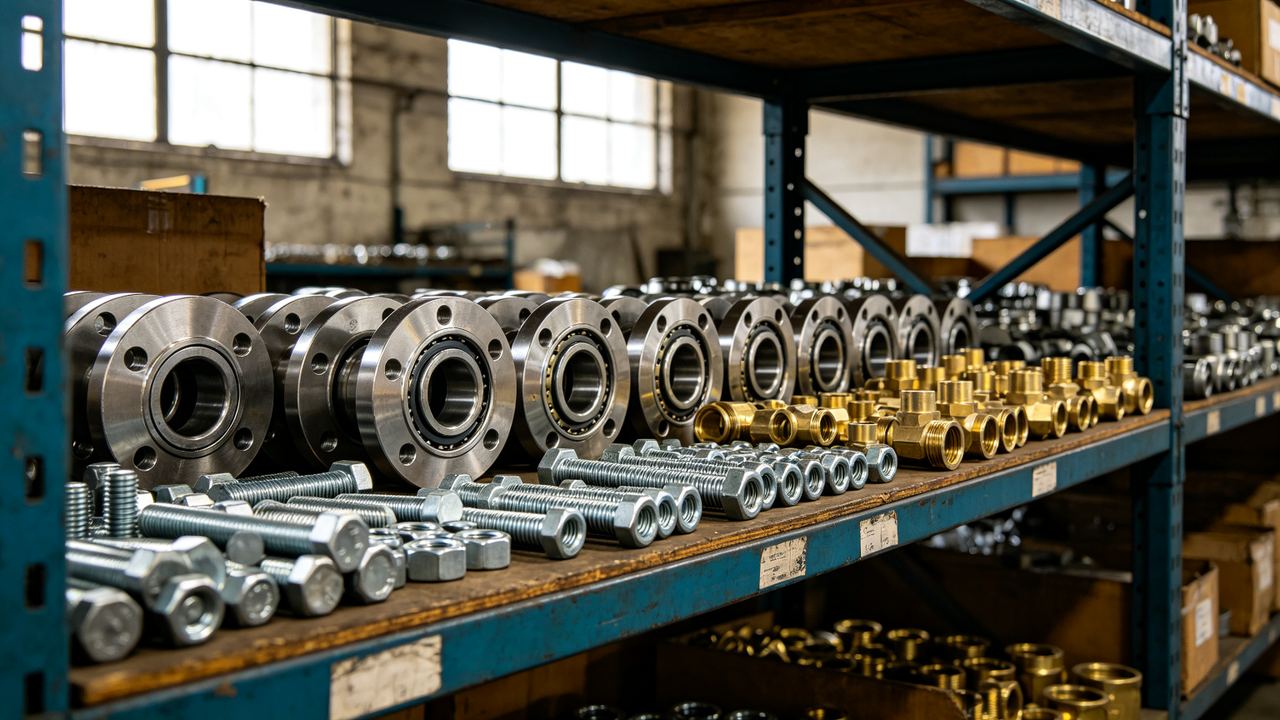 Metal hardware and spare parts on shelf